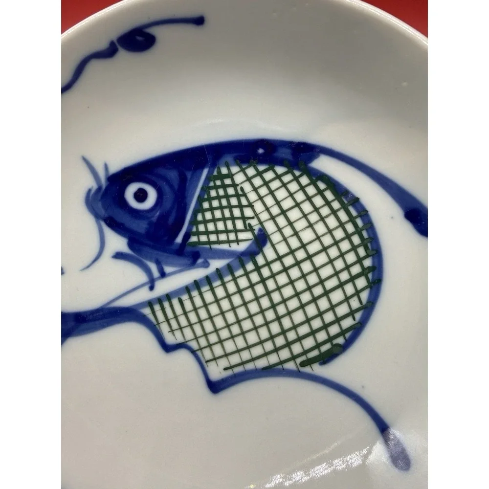 6 Antique Arita Porcelain Koi Carp Fish Blue,White&Green Soup Pasta Bowls 8